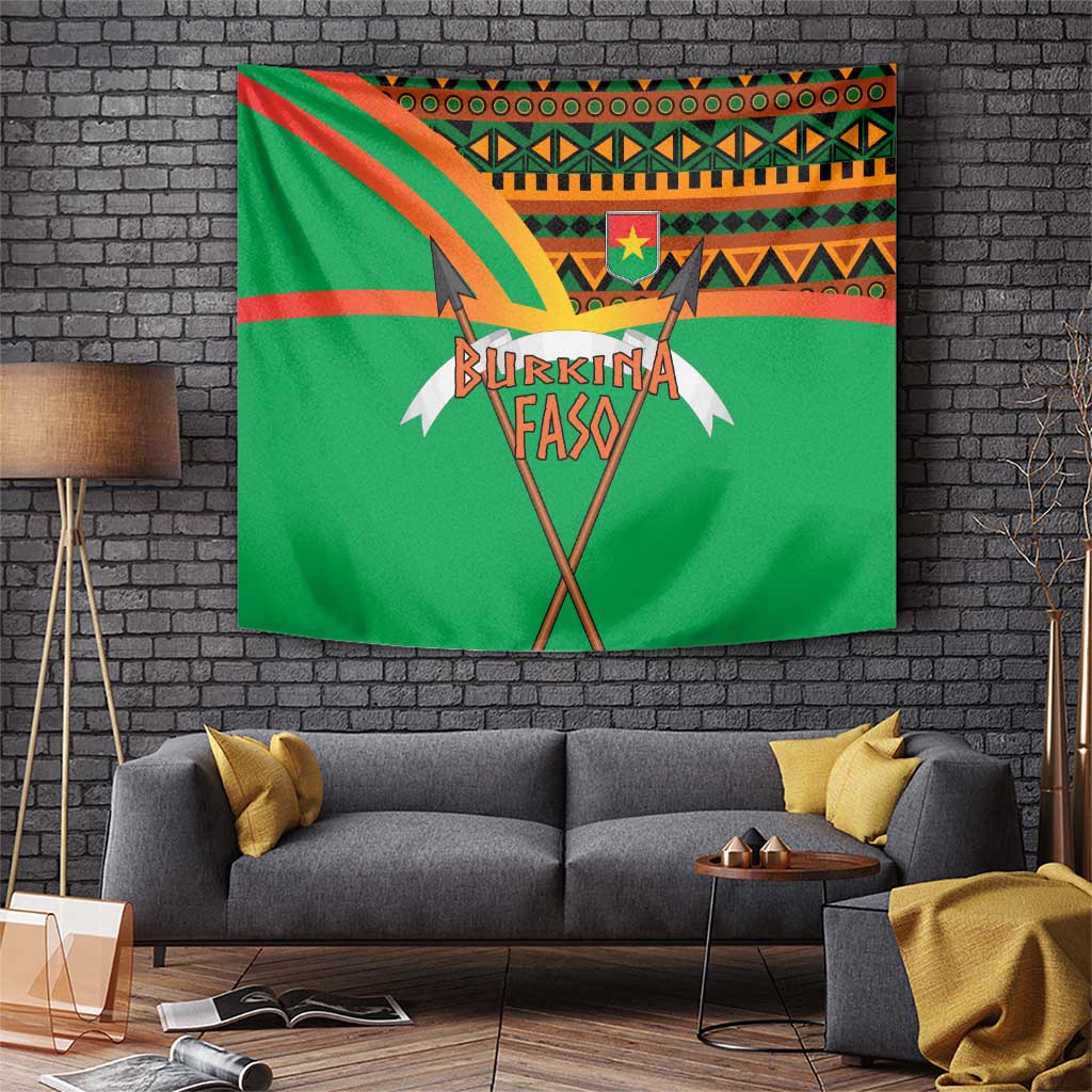 Burkina Faso Tapestry with Green Tribal Pattern Design and National Flag Motif - Wonder Print Shop