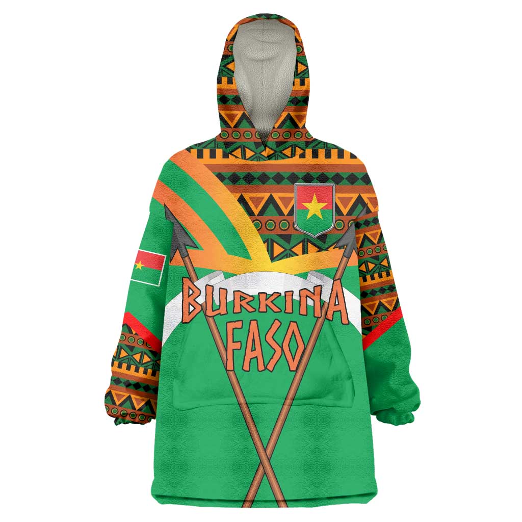 Burkina Faso Wearable Blanket Hoodie with Green Tribal Pattern Design and National Flag Motif - Wonder Print Shop