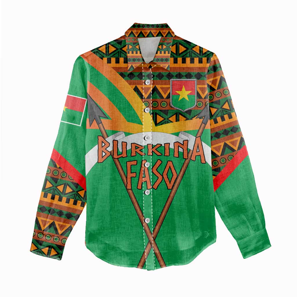Burkina Faso Women Casual Shirt with Green Tribal Pattern Design and National Flag Motif - Wonder Print Shop
