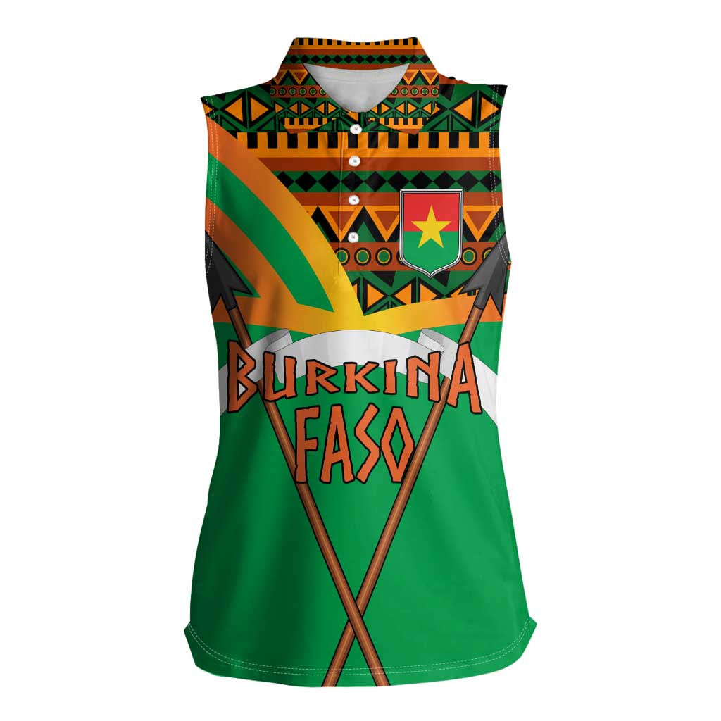 Burkina Faso Women Sleeveless Polo Shirt with Green Tribal Pattern Design and National Flag Motif - Wonder Print Shop