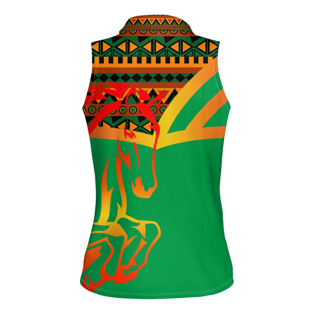 Burkina Faso Women Sleeveless Polo Shirt with Green Tribal Pattern Design and National Flag Motif - Wonder Print Shop