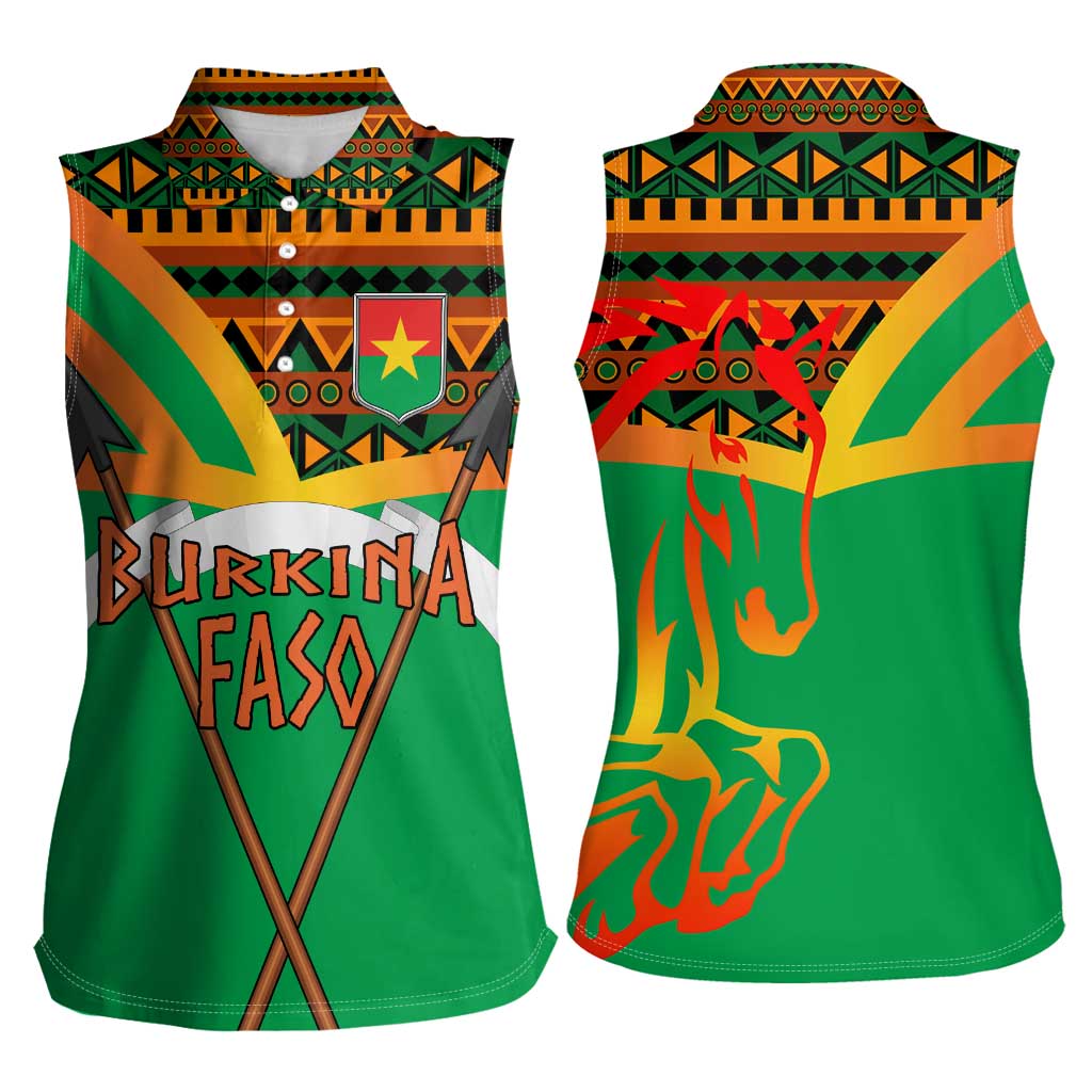 Burkina Faso Women Sleeveless Polo Shirt with Green Tribal Pattern Design and National Flag Motif - Wonder Print Shop