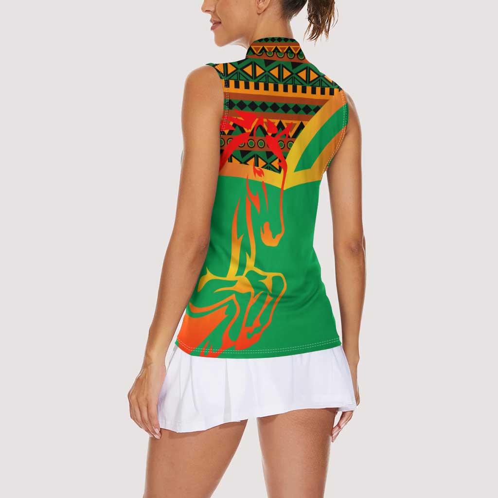 Burkina Faso Women Sleeveless Polo Shirt with Green Tribal Pattern Design and National Flag Motif - Wonder Print Shop