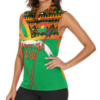Burkina Faso Women Sleeveless Polo Shirt with Green Tribal Pattern Design and National Flag Motif - Wonder Print Shop