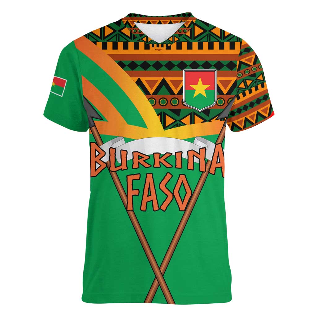 Burkina Faso Women V-Neck T-Shirt with Green Tribal Pattern Design and National Flag Motif - Wonder Print Shop