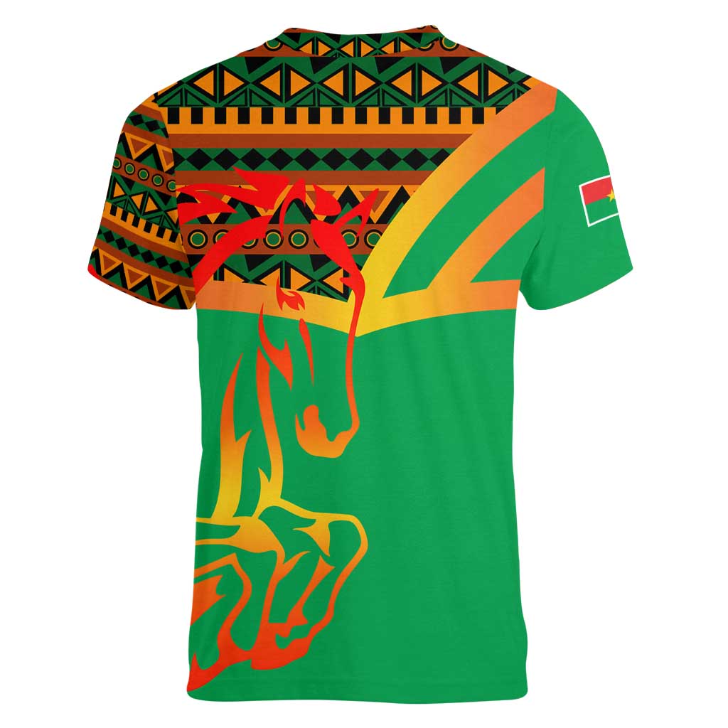 Burkina Faso Women V-Neck T-Shirt with Green Tribal Pattern Design and National Flag Motif - Wonder Print Shop