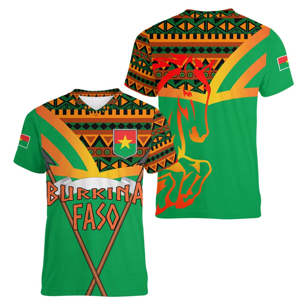 Burkina Faso Women V-Neck T-Shirt with Green Tribal Pattern Design and National Flag Motif - Wonder Print Shop