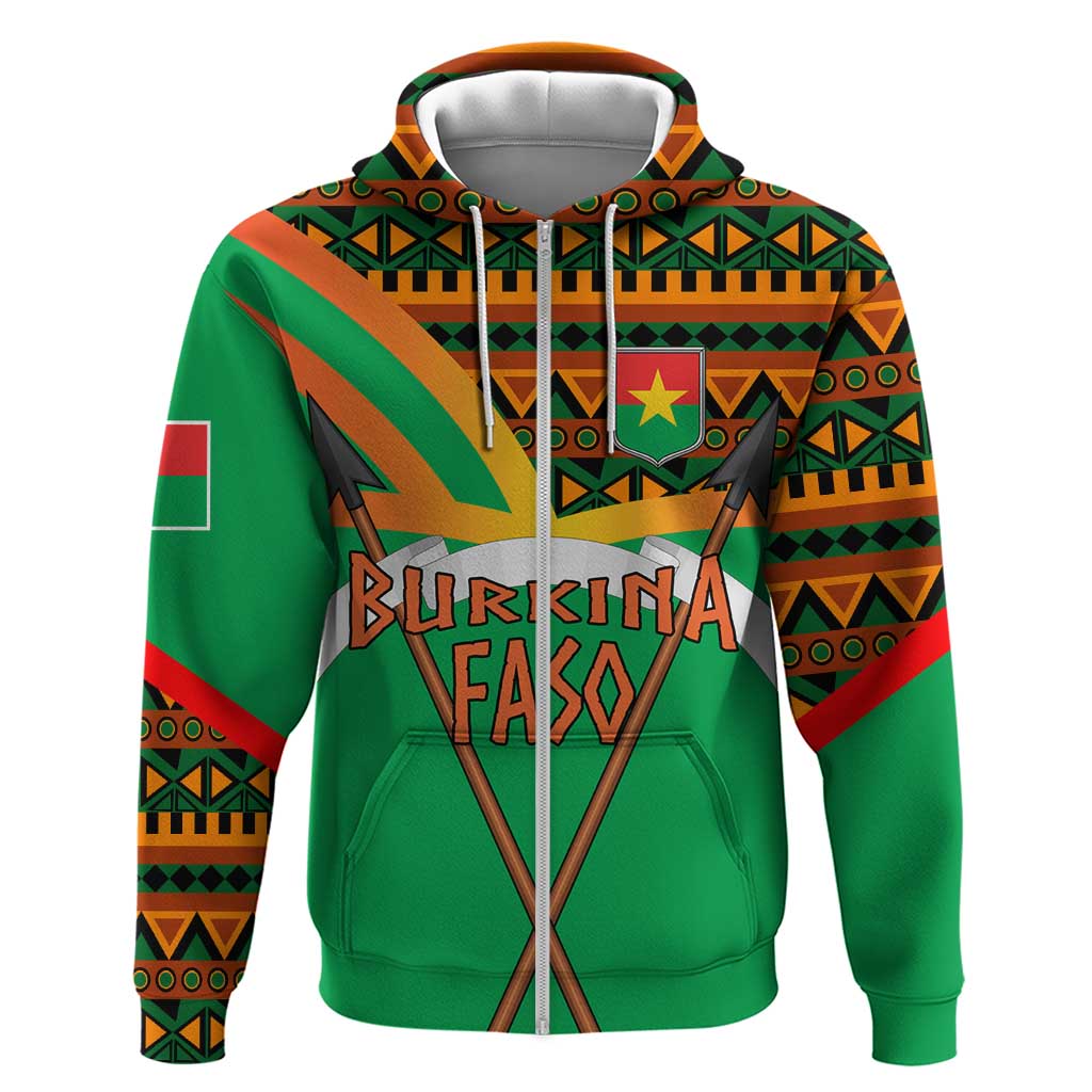 Burkina Faso Zip Hoodie with Green Tribal Pattern Design and National Flag Motif - Wonder Print Shop