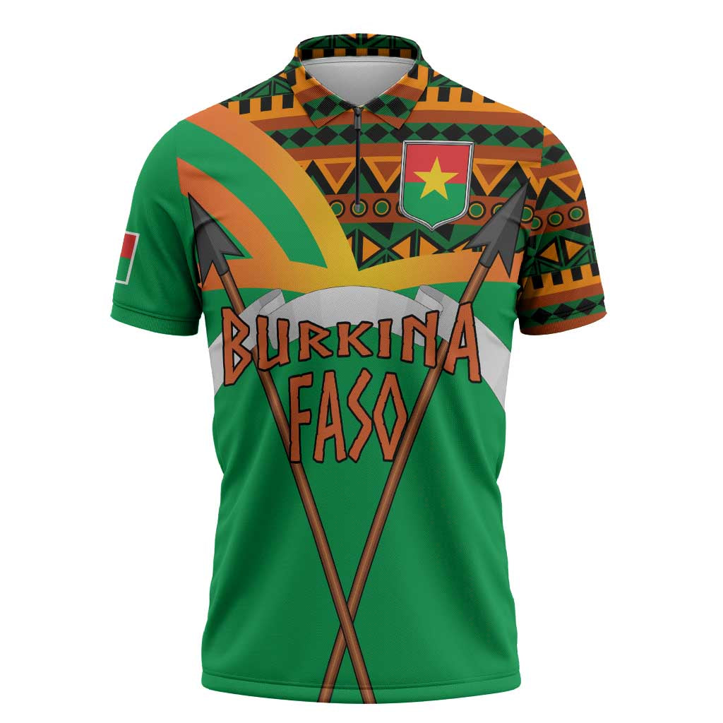 Burkina Faso Zipper Polo Shirt with Green Tribal Pattern Design and National Flag Motif - Wonder Print Shop