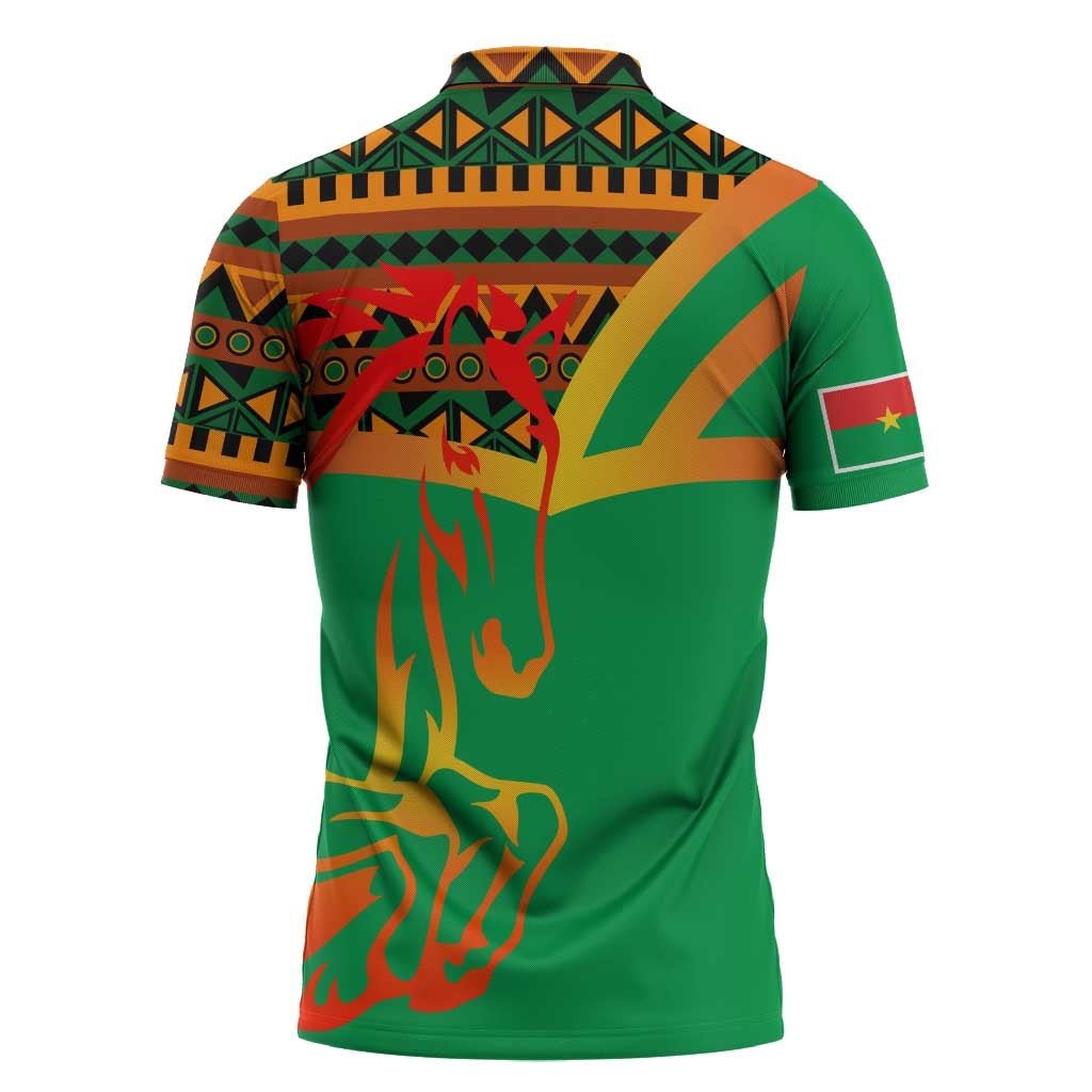 Burkina Faso Zipper Polo Shirt with Green Tribal Pattern Design and National Flag Motif - Wonder Print Shop