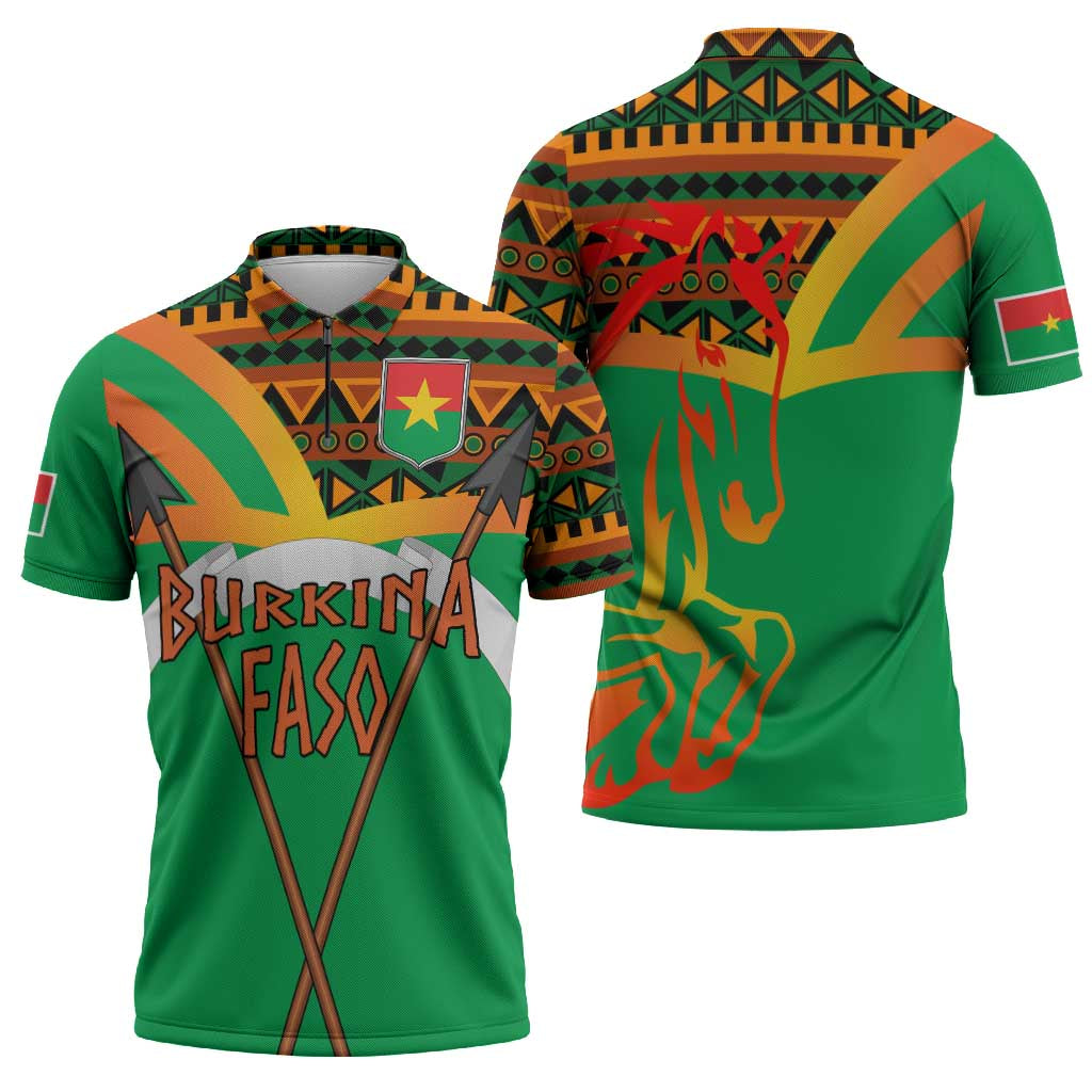 Burkina Faso Zipper Polo Shirt with Green Tribal Pattern Design and National Flag Motif - Wonder Print Shop
