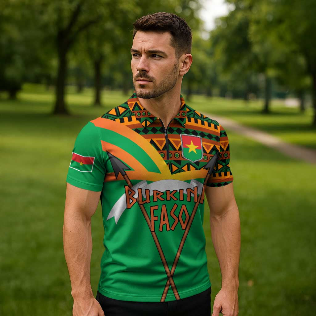 Burkina Faso Zipper Polo Shirt with Green Tribal Pattern Design and National Flag Motif - Wonder Print Shop