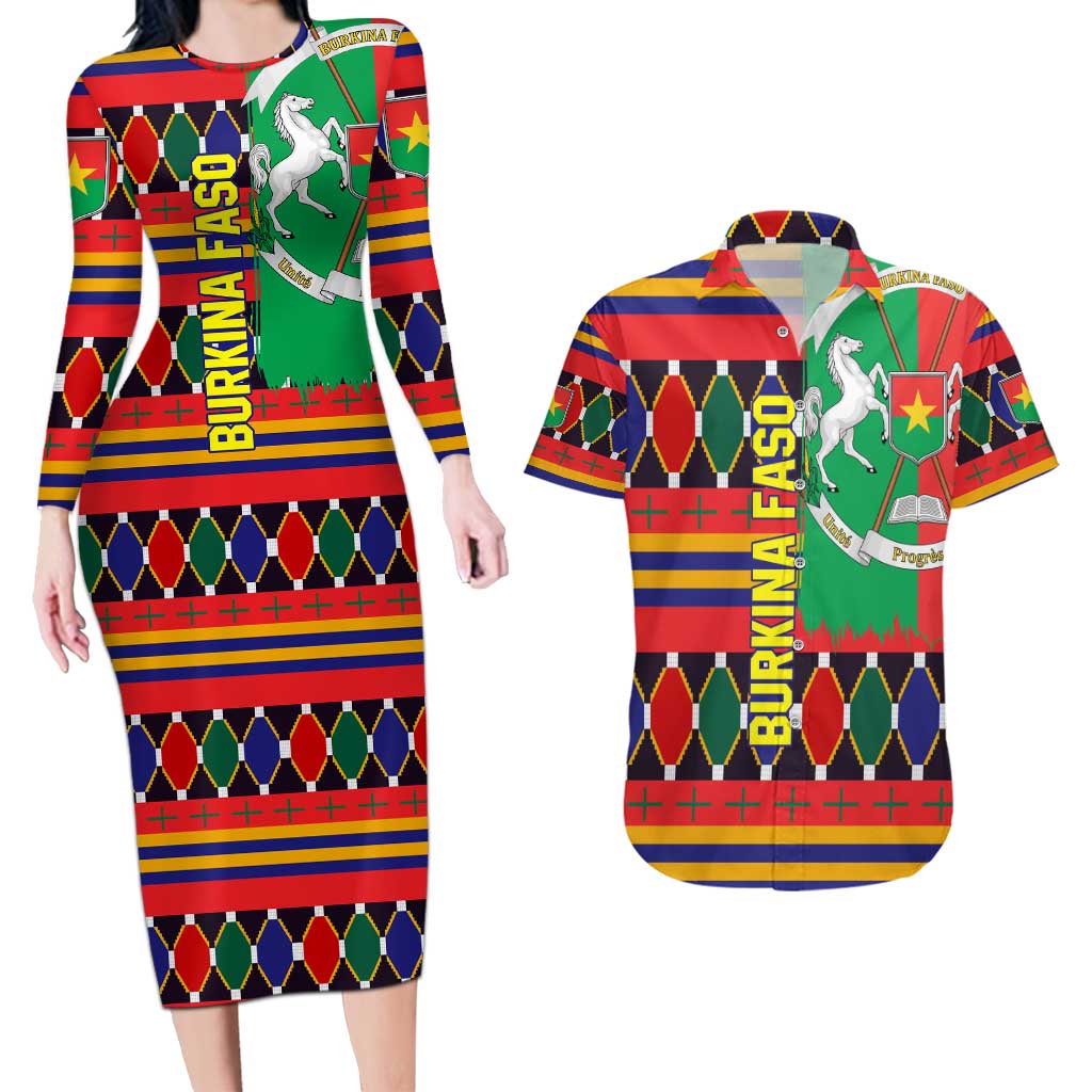 Burkina Faso Couples Matching Long Sleeve Bodycon Dress and Hawaiian Shirt with Red Green Blue Geometric - Wonder Print Shop