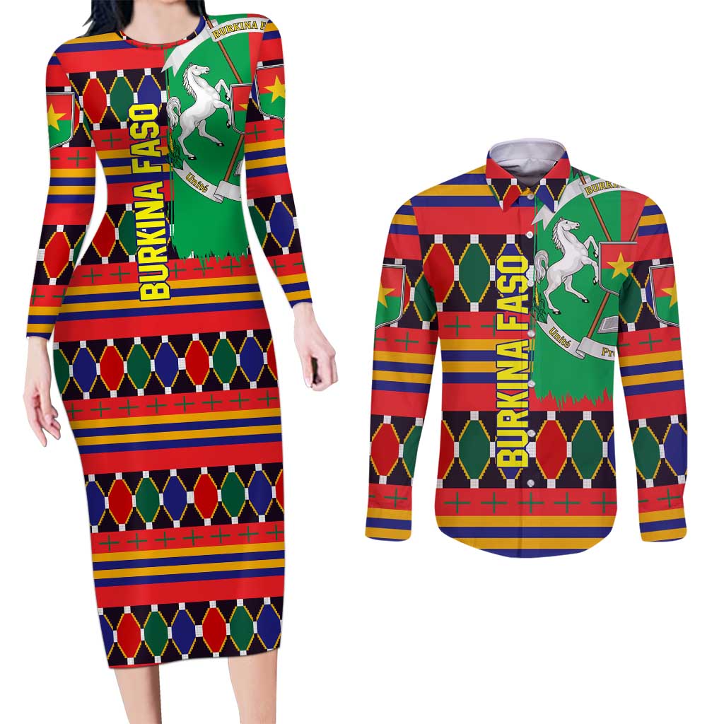 Burkina Faso Couples Matching Long Sleeve Bodycon Dress and Long Sleeve Button Shirt with Red Green Blue Geometric - Wonder Print Shop