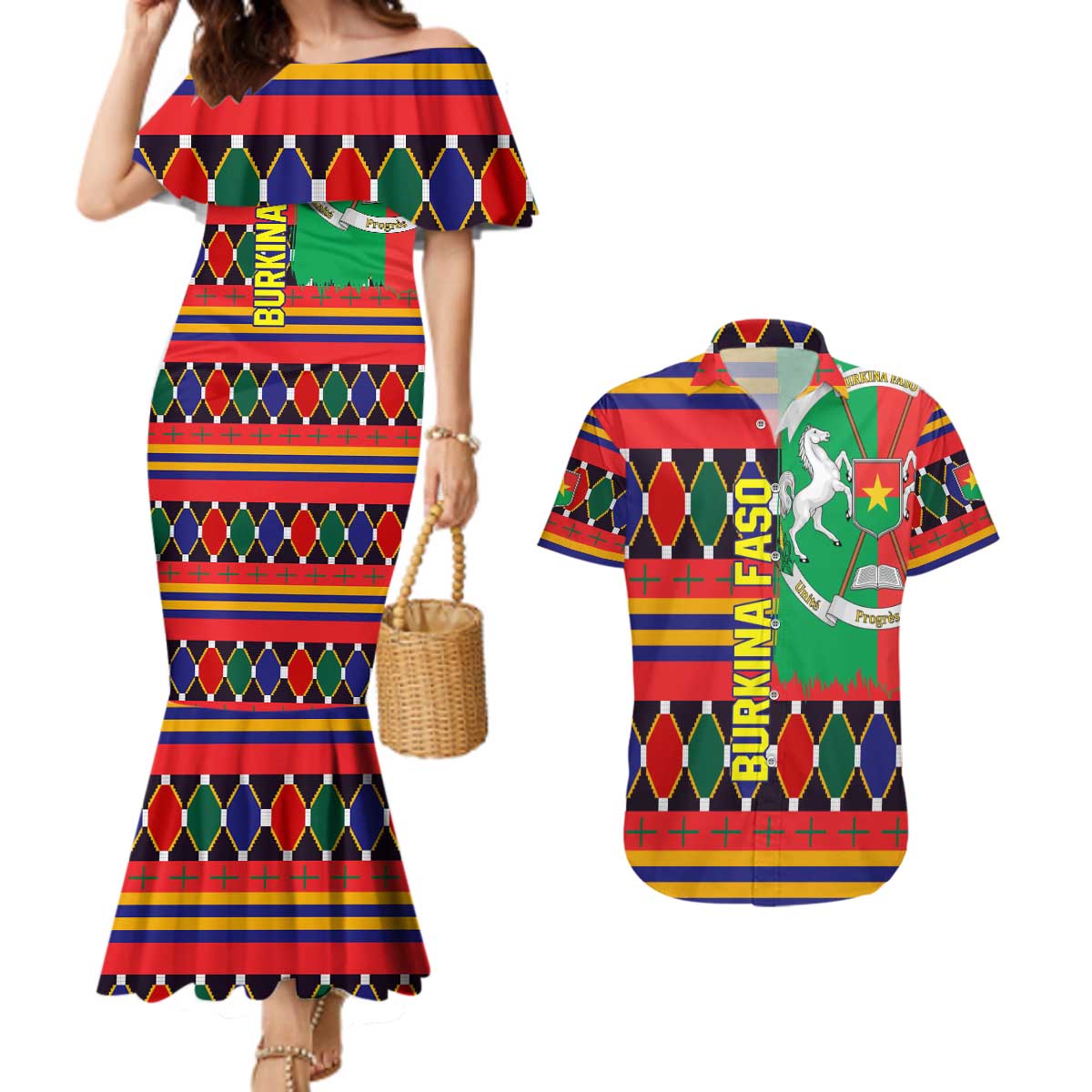 Burkina Faso Couples Matching Mermaid Dress and Hawaiian Shirt with Red Green Blue Geometric - Wonder Print Shop
