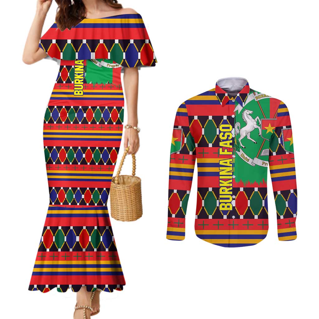 Burkina Faso Couples Matching Mermaid Dress and Long Sleeve Button Shirt with Red Green Blue Geometric - Wonder Print Shop