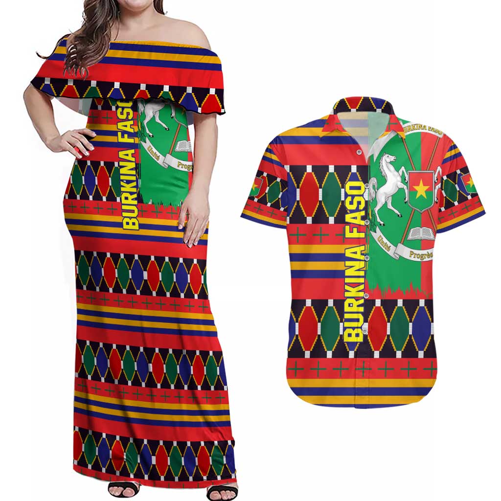 Burkina Faso Couples Matching Off Shoulder Maxi Dress and Hawaiian Shirt with Red Green Blue Geometric - Wonder Print Shop
