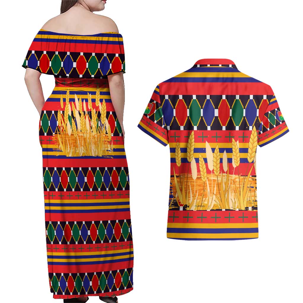 Burkina Faso Couples Matching Off Shoulder Maxi Dress and Hawaiian Shirt with Red Green Blue Geometric - Wonder Print Shop
