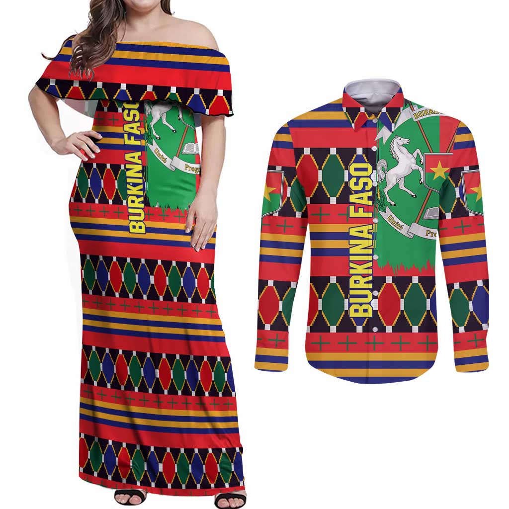 Burkina Faso Couples Matching Off Shoulder Maxi Dress and Long Sleeve Button Shirt with Red Green Blue Geometric - Wonder Print Shop
