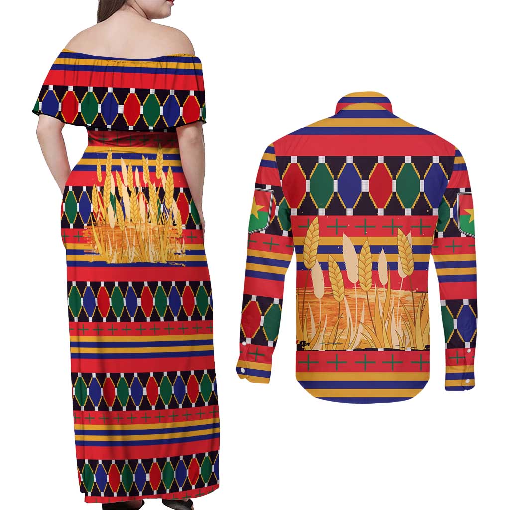 Burkina Faso Couples Matching Off Shoulder Maxi Dress and Long Sleeve Button Shirt with Red Green Blue Geometric - Wonder Print Shop