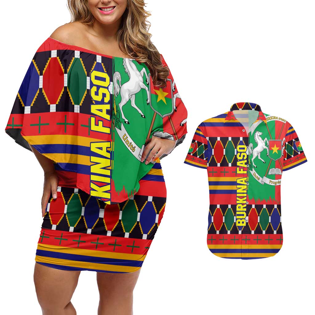 Burkina Faso Couples Matching Off Shoulder Short Dress and Hawaiian Shirt with Red Green Blue Geometric - Wonder Print Shop