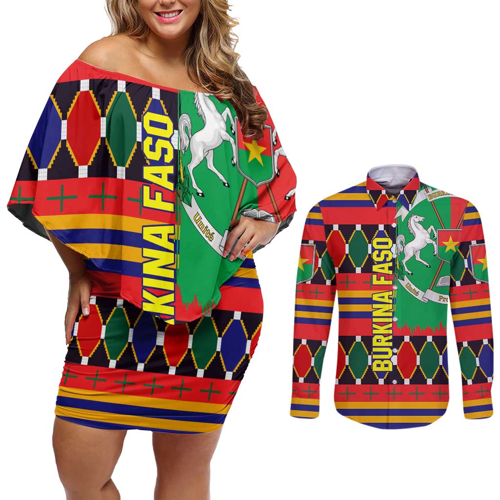 Burkina Faso Couples Matching Off Shoulder Short Dress and Long Sleeve Button Shirt with Red Green Blue Geometric - Wonder Print Shop