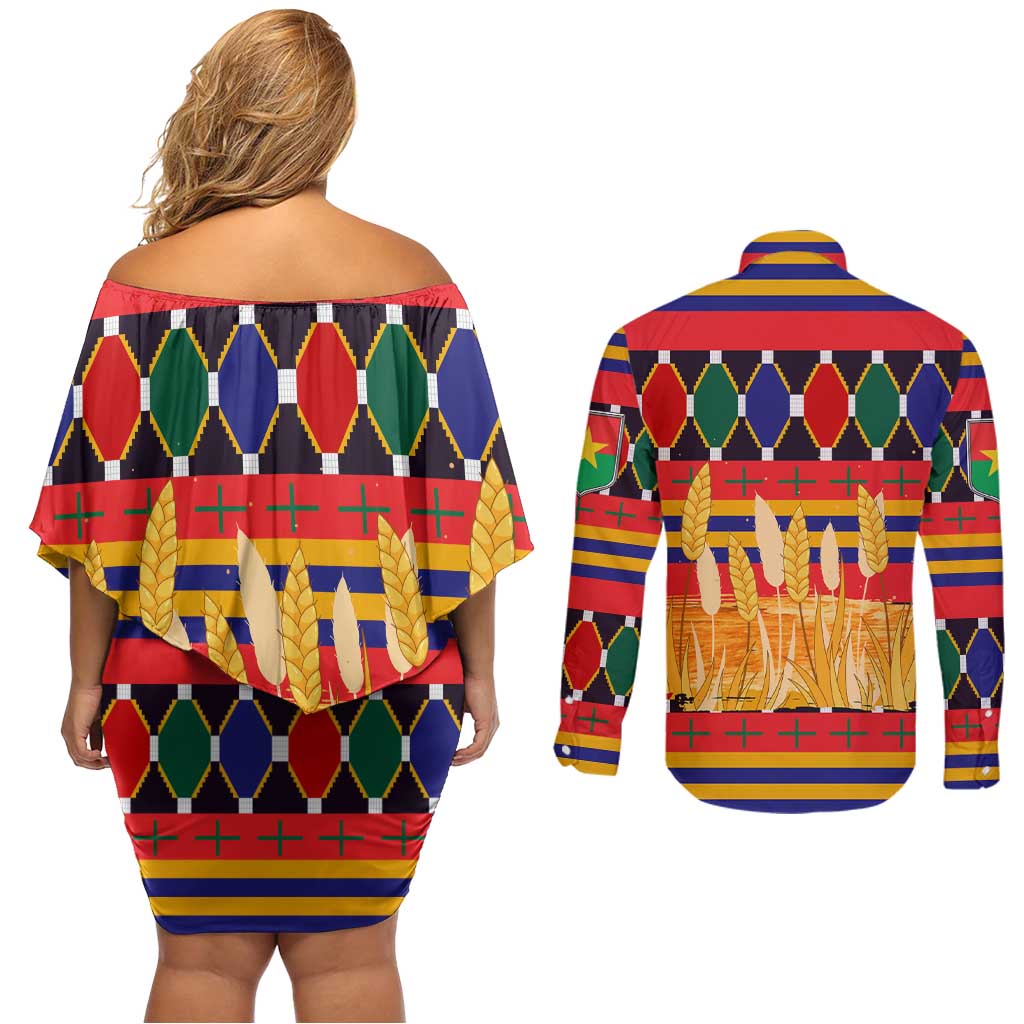 Burkina Faso Couples Matching Off Shoulder Short Dress and Long Sleeve Button Shirt with Red Green Blue Geometric - Wonder Print Shop