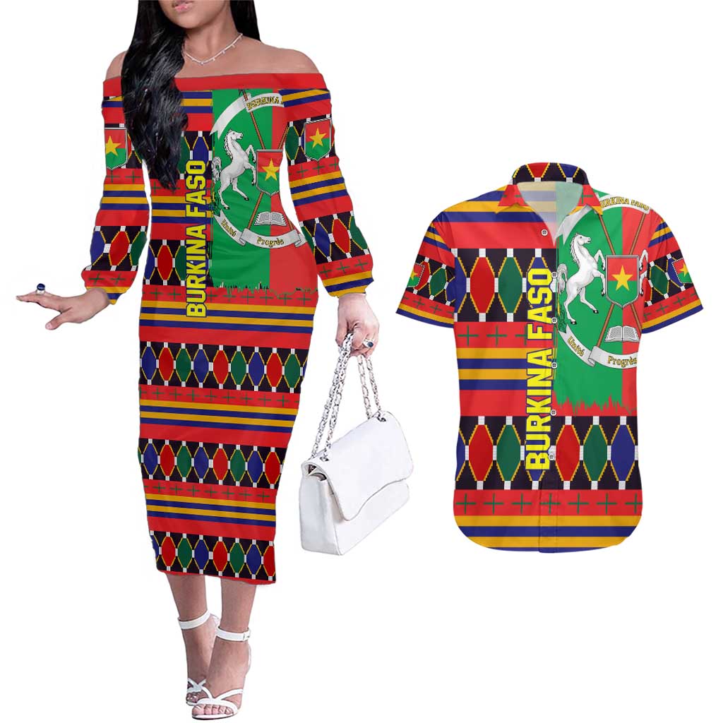 Burkina Faso Couples Matching Off The Shoulder Long Sleeve Dress and Hawaiian Shirt with Red Green Blue Geometric - Wonder Print Shop