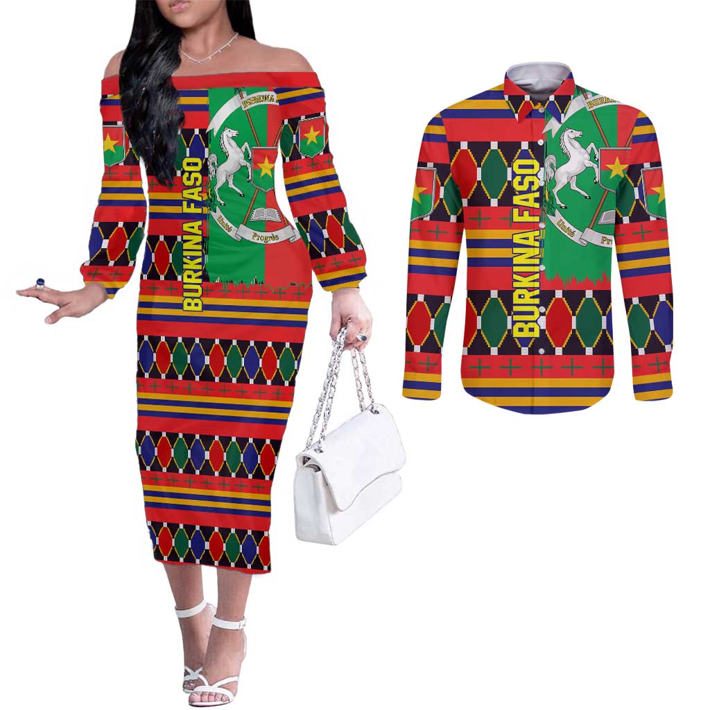 Burkina Faso Couples Matching Off The Shoulder Long Sleeve Dress and Long Sleeve Button Shirt with Red Green Blue Geometric - Wonder Print Shop
