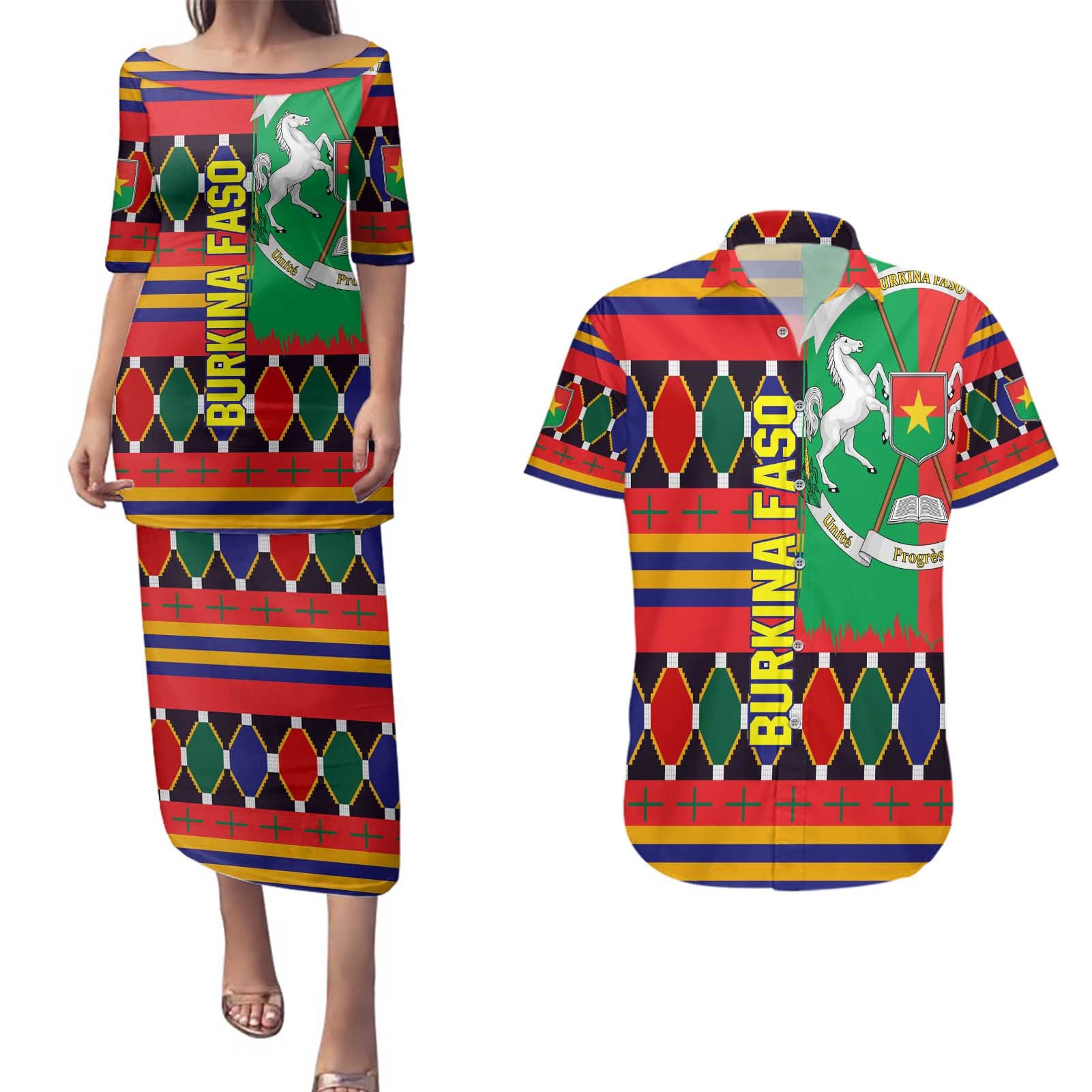 Burkina Faso Couples Matching Puletasi and Hawaiian Shirt with Red Green Blue Geometric - Wonder Print Shop