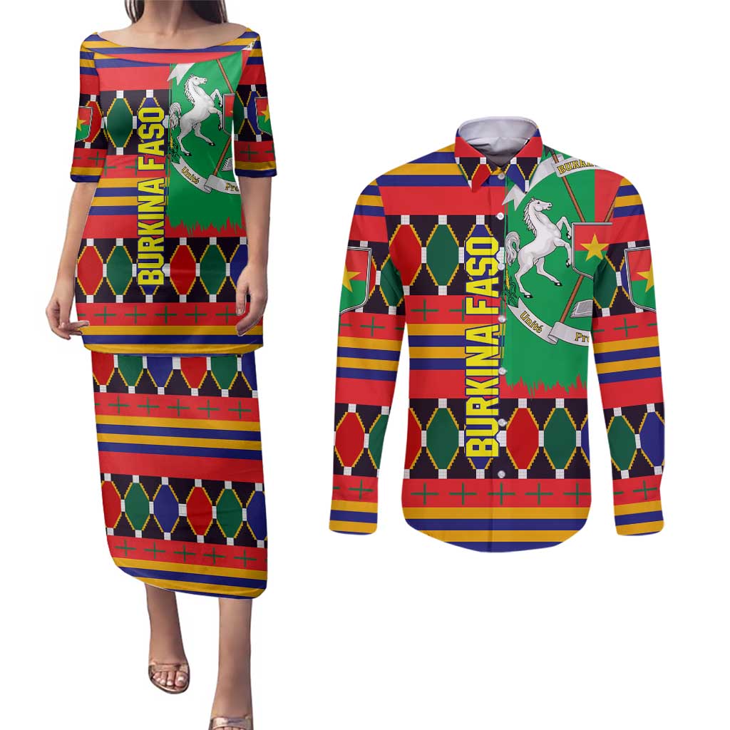 Burkina Faso Couples Matching Puletasi and Long Sleeve Button Shirt with Red Green Blue Geometric - Wonder Print Shop