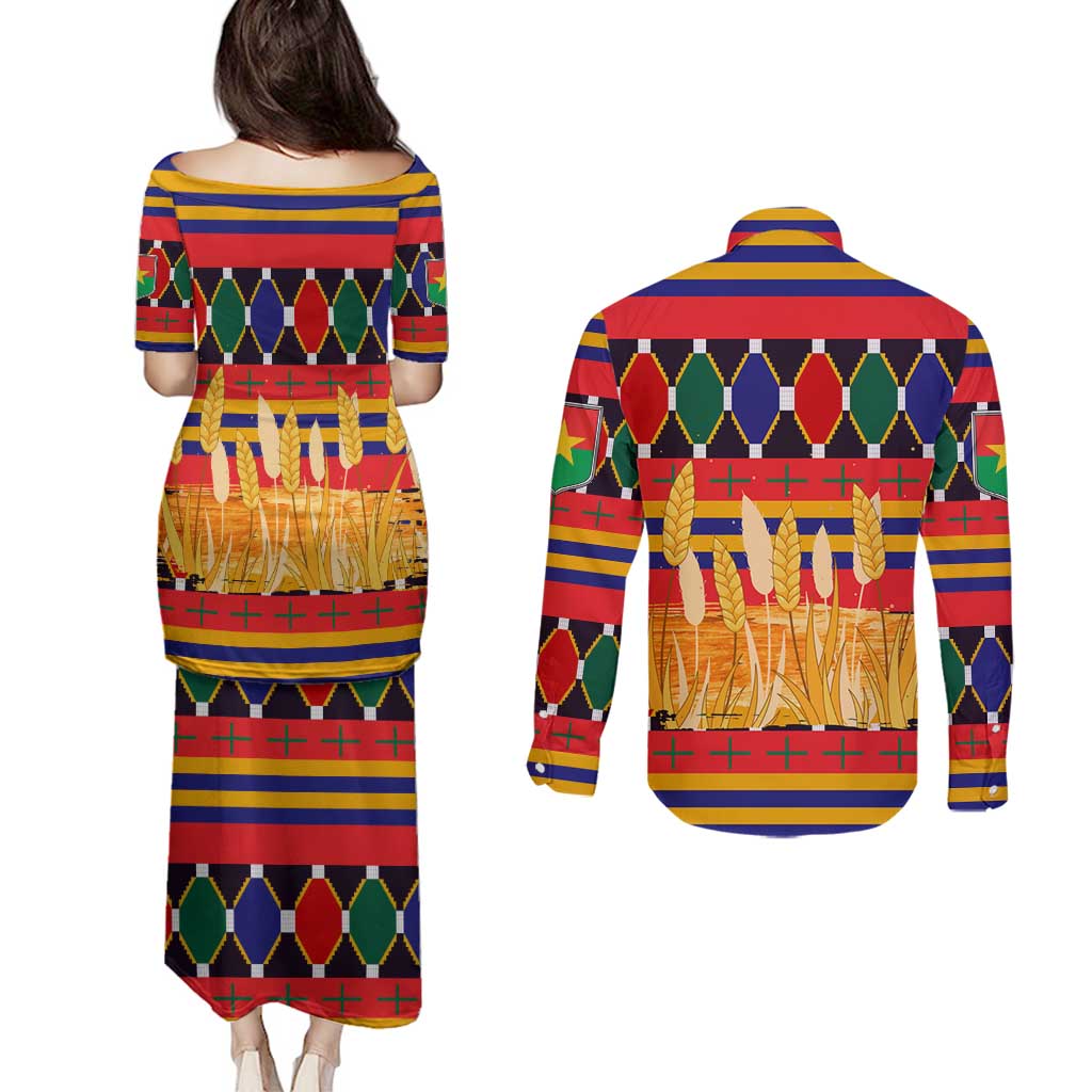 Burkina Faso Couples Matching Puletasi and Long Sleeve Button Shirt with Red Green Blue Geometric - Wonder Print Shop