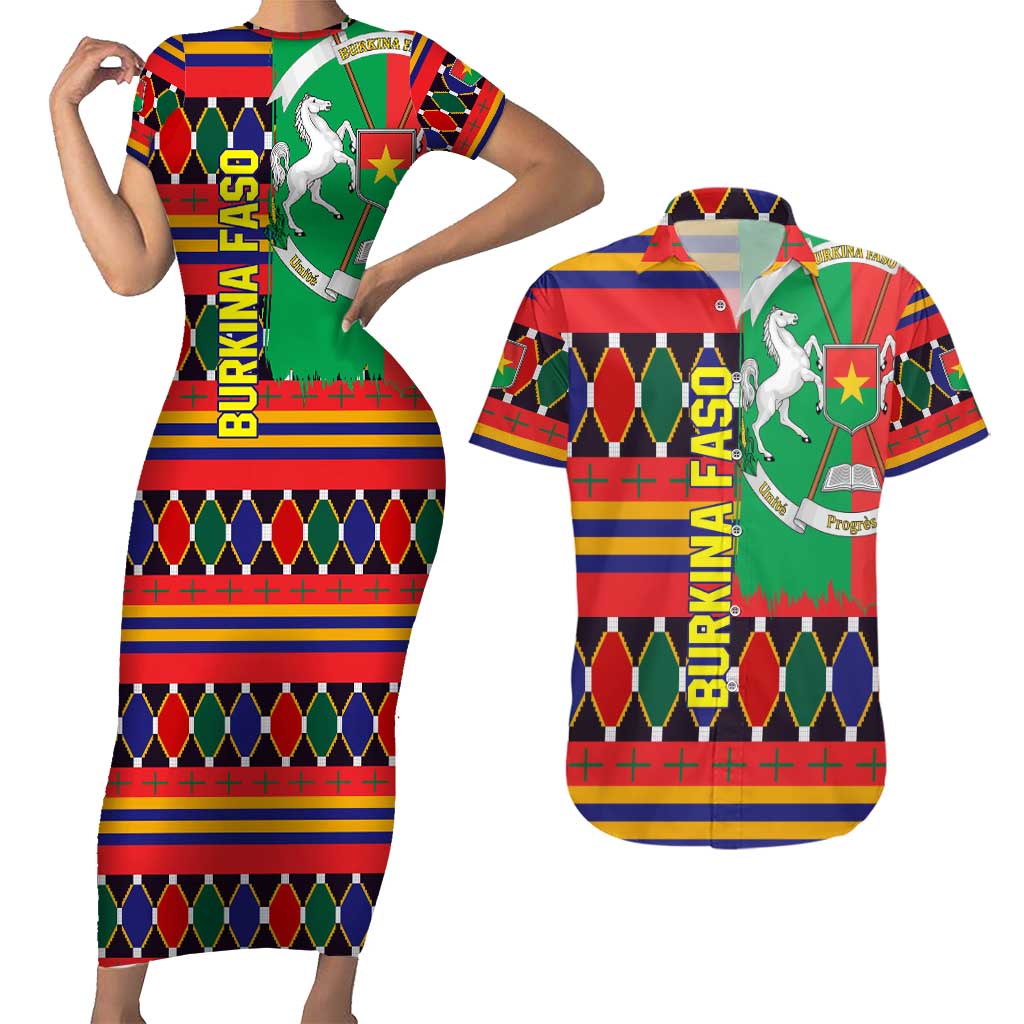 Burkina Faso Couples Matching Short Sleeve Bodycon Dress and Hawaiian Shirt with Red Green Blue Geometric - Wonder Print Shop
