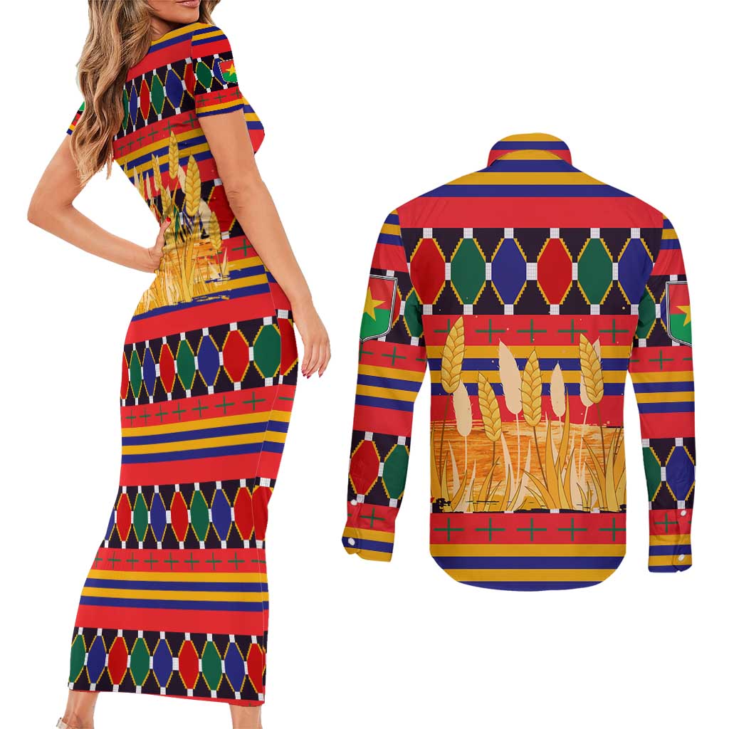 Burkina Faso Couples Matching Short Sleeve Bodycon Dress and Long Sleeve Button Shirt with Red Green Blue Geometric - Wonder Print Shop