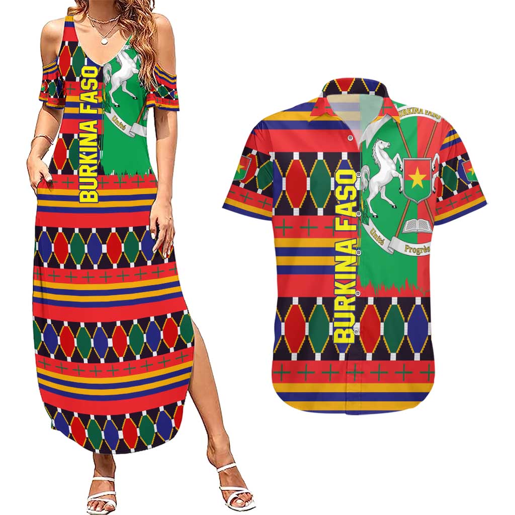 Burkina Faso Couples Matching Summer Maxi Dress and Hawaiian Shirt with Red Green Blue Geometric - Wonder Print Shop