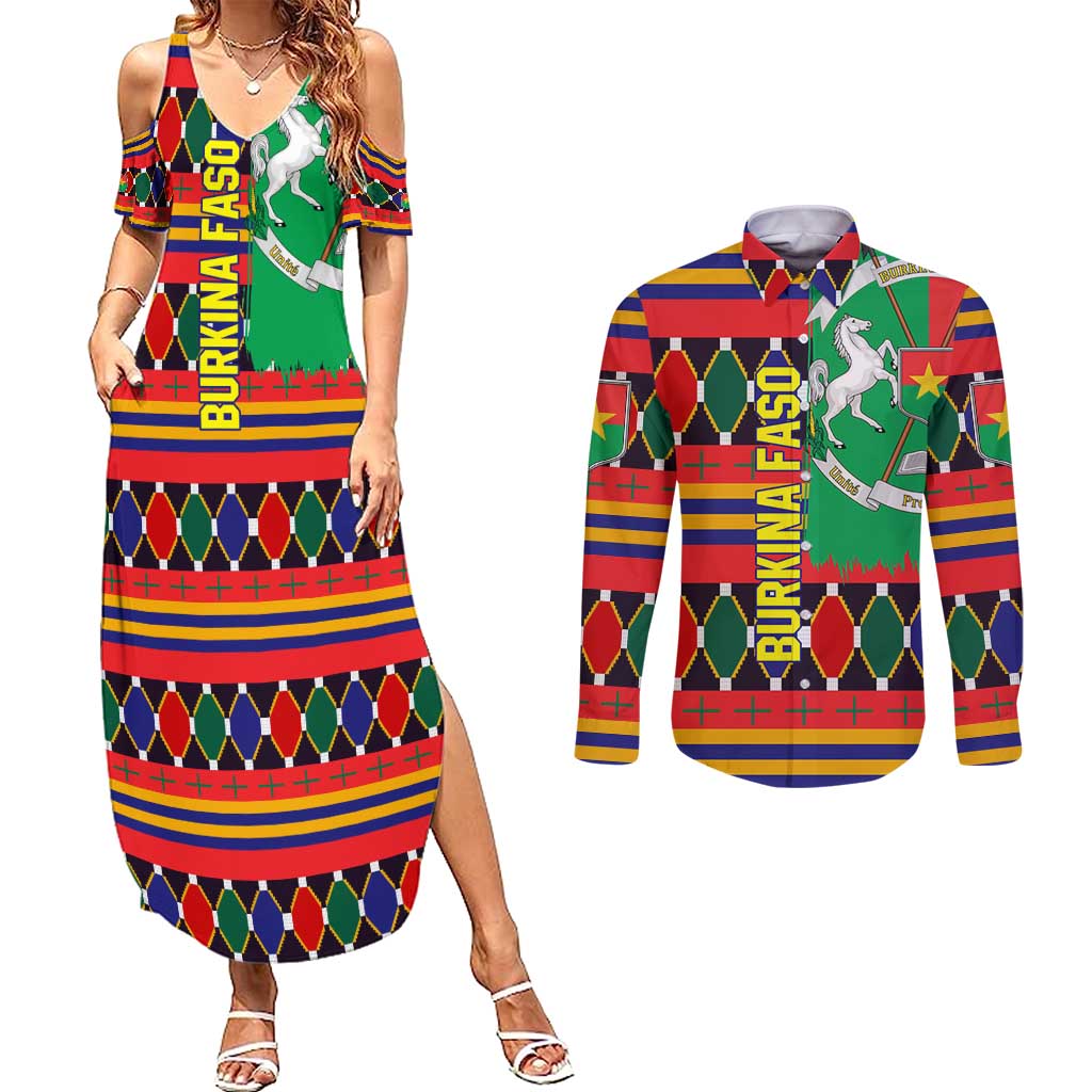 Burkina Faso Couples Matching Summer Maxi Dress and Long Sleeve Button Shirt with Red Green Blue Geometric - Wonder Print Shop