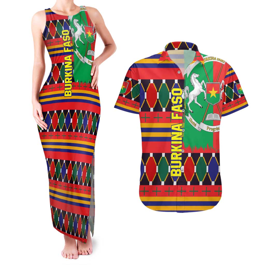 Burkina Faso Couples Matching Tank Maxi Dress and Hawaiian Shirt with Red Green Blue Geometric - Wonder Print Shop