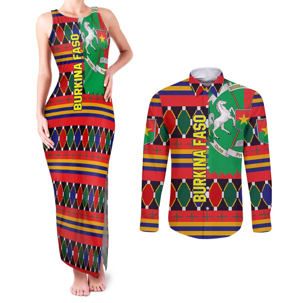 Burkina Faso Couples Matching Tank Maxi Dress and Long Sleeve Button Shirt with Red Green Blue Geometric - Wonder Print Shop