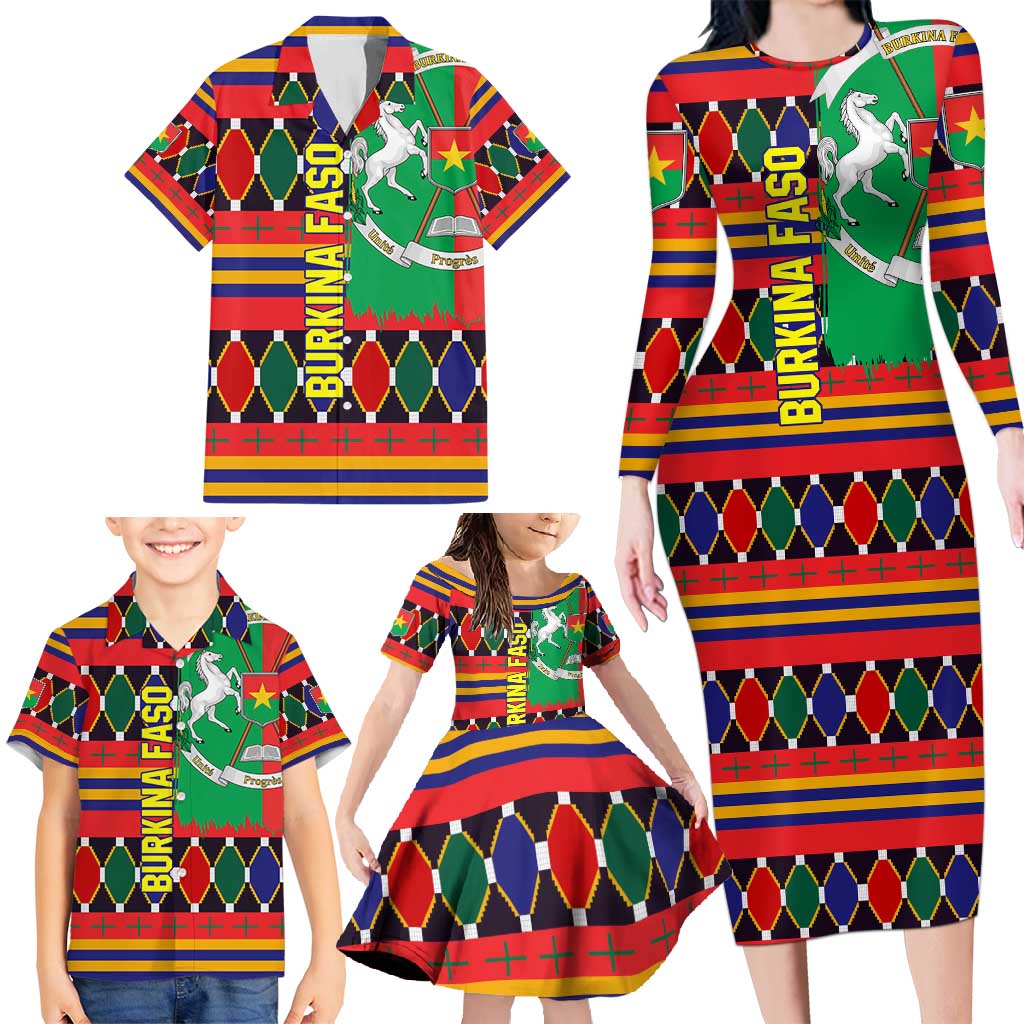 Burkina Faso Family Matching Long Sleeve Bodycon Dress and Hawaiian Shirt with Red Green Blue Geometric - Wonder Print Shop