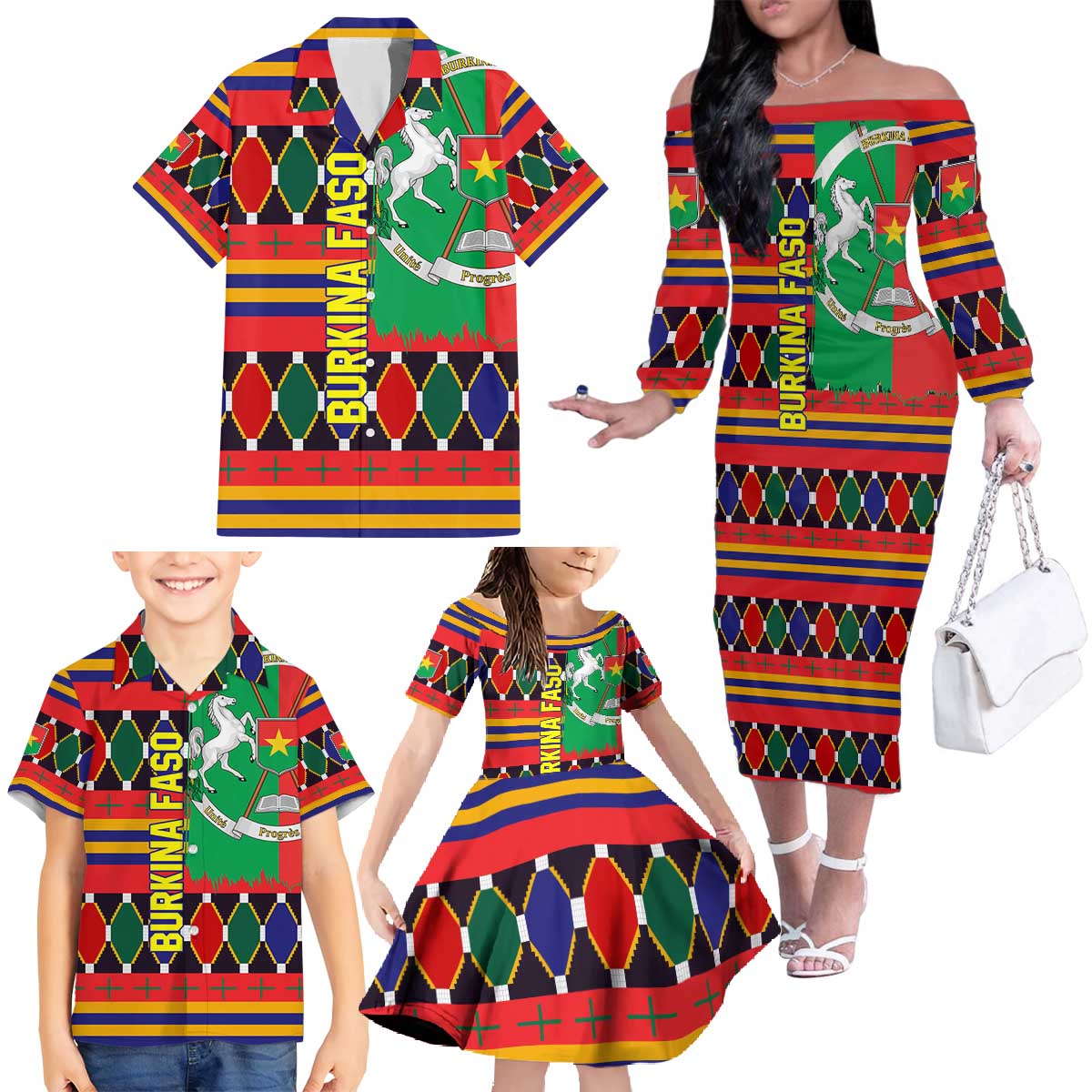 Burkina Faso Family Matching Off The Shoulder Long Sleeve Dress and Hawaiian Shirt with Red Green Blue Geometric - Wonder Print Shop