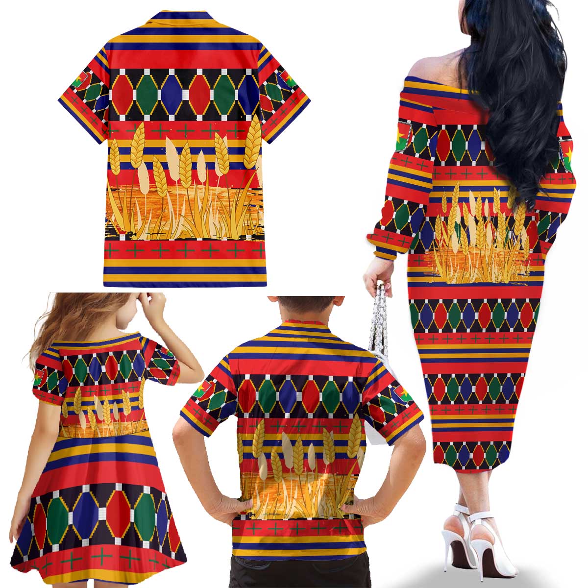 Burkina Faso Family Matching Off The Shoulder Long Sleeve Dress and Hawaiian Shirt with Red Green Blue Geometric - Wonder Print Shop