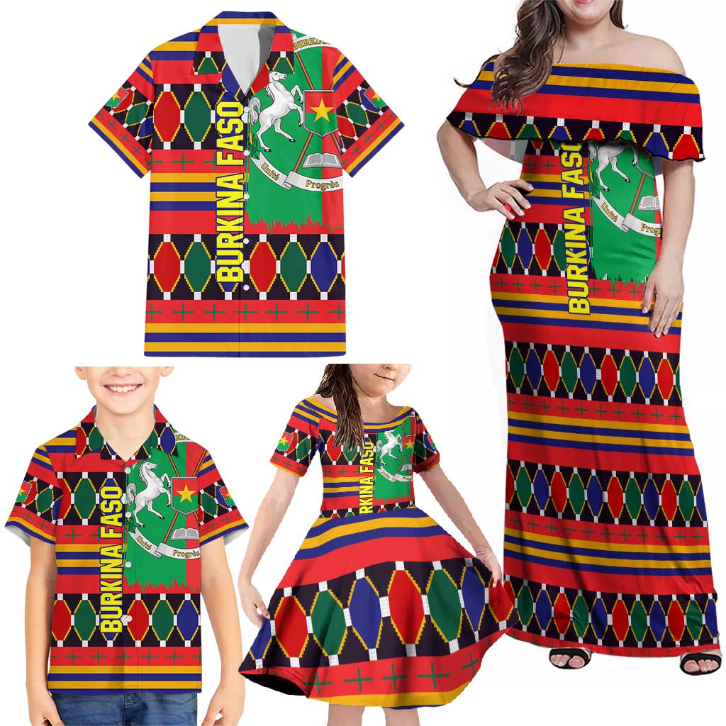 Burkina Faso Family Matching Off Shoulder Maxi Dress and Hawaiian Shirt with Red Green Blue Geometric - Wonder Print Shop