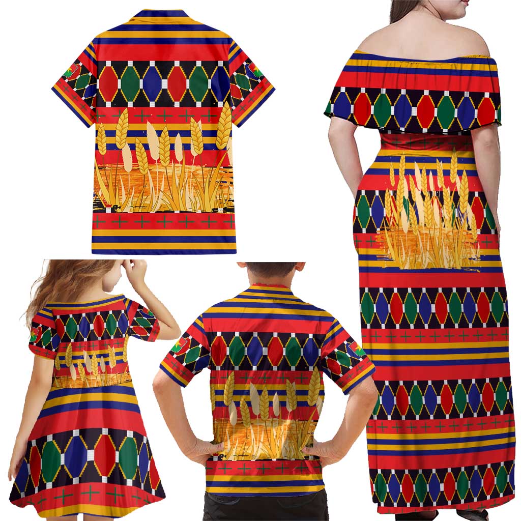 Burkina Faso Family Matching Off Shoulder Maxi Dress and Hawaiian Shirt with Red Green Blue Geometric - Wonder Print Shop