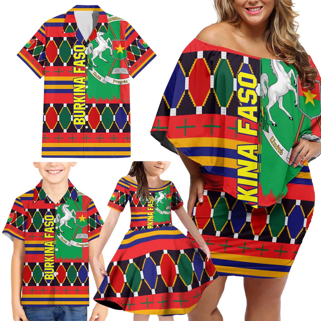Burkina Faso Family Matching Off Shoulder Short Dress and Hawaiian Shirt with Red Green Blue Geometric - Wonder Print Shop