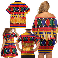 Burkina Faso Family Matching Off Shoulder Short Dress and Hawaiian Shirt with Red Green Blue Geometric - Wonder Print Shop