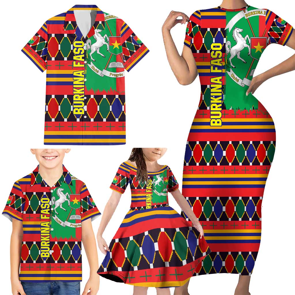 Burkina Faso Family Matching Short Sleeve Bodycon Dress and Hawaiian Shirt with Red Green Blue Geometric - Wonder Print Shop