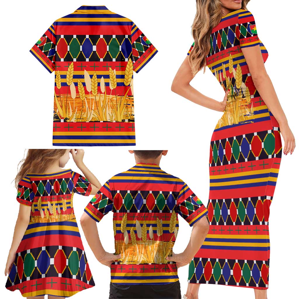 Burkina Faso Family Matching Short Sleeve Bodycon Dress and Hawaiian Shirt with Red Green Blue Geometric - Wonder Print Shop