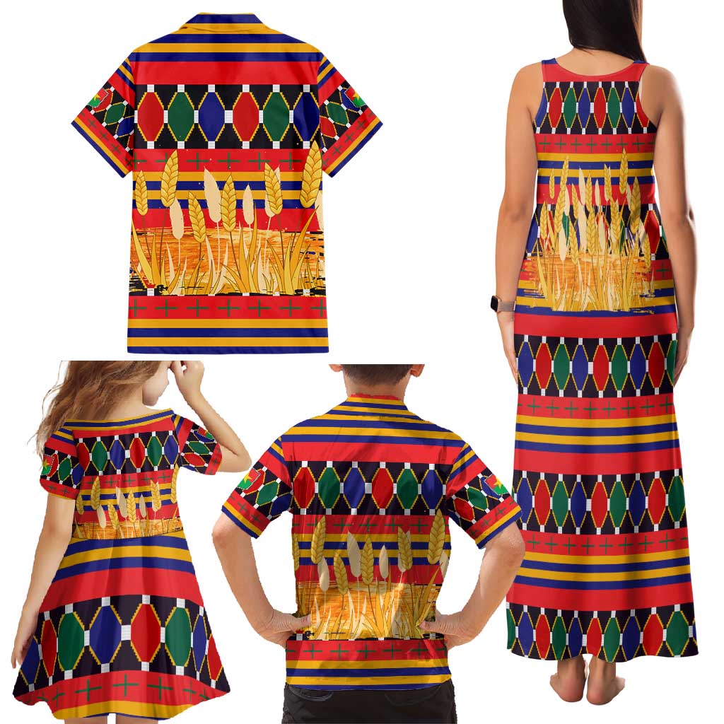 Burkina Faso Family Matching Tank Maxi Dress and Hawaiian Shirt with Red Green Blue Geometric - Wonder Print Shop