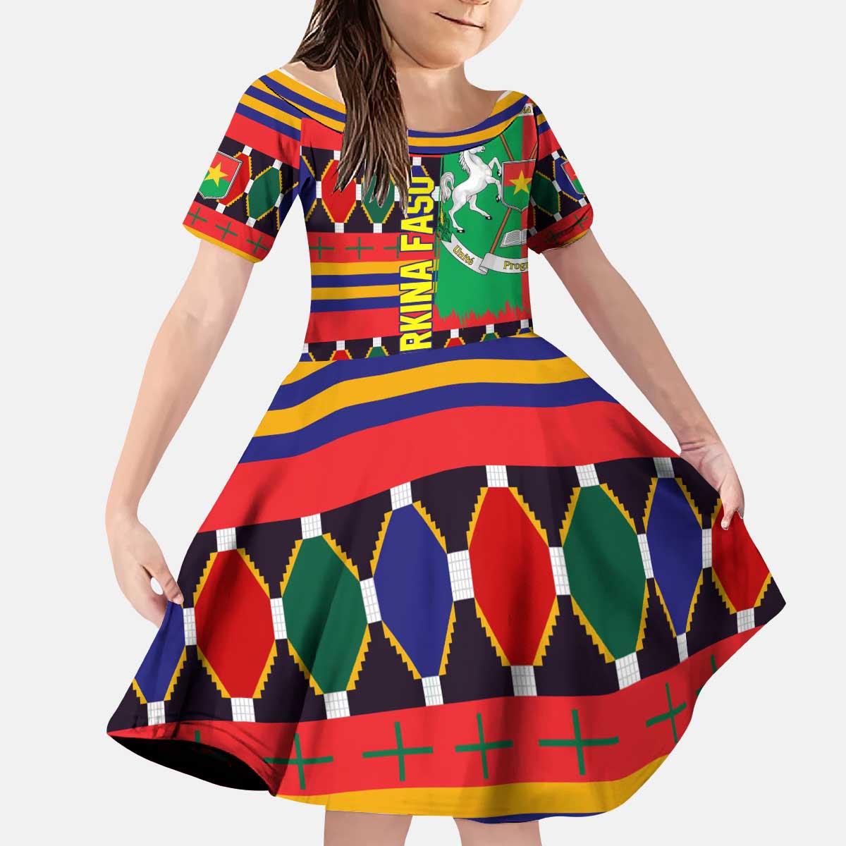 Burkina Faso Kid Short Sleeve Dress with Red Green Blue Geometric - Wonder Print Shop