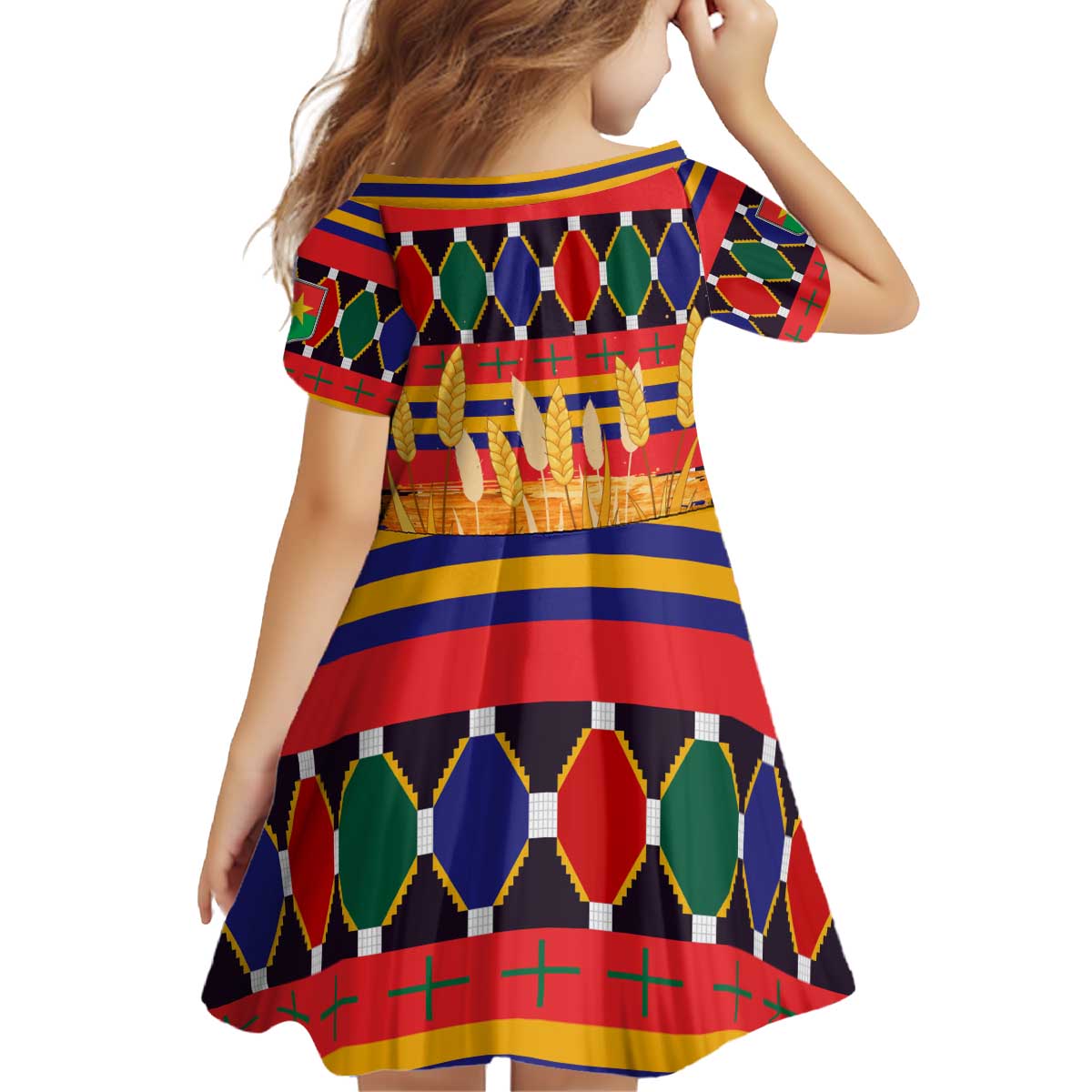 Burkina Faso Kid Short Sleeve Dress with Red Green Blue Geometric - Wonder Print Shop